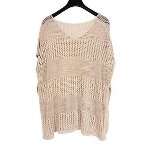 Tan Open Knit Block Lightweight V-Neck Oversized Reversible Short Sleeve Poncho